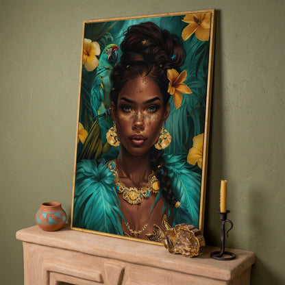 African Woman with Green Parrot, Tropical Floral Portrait Canvas in white oak floating frame