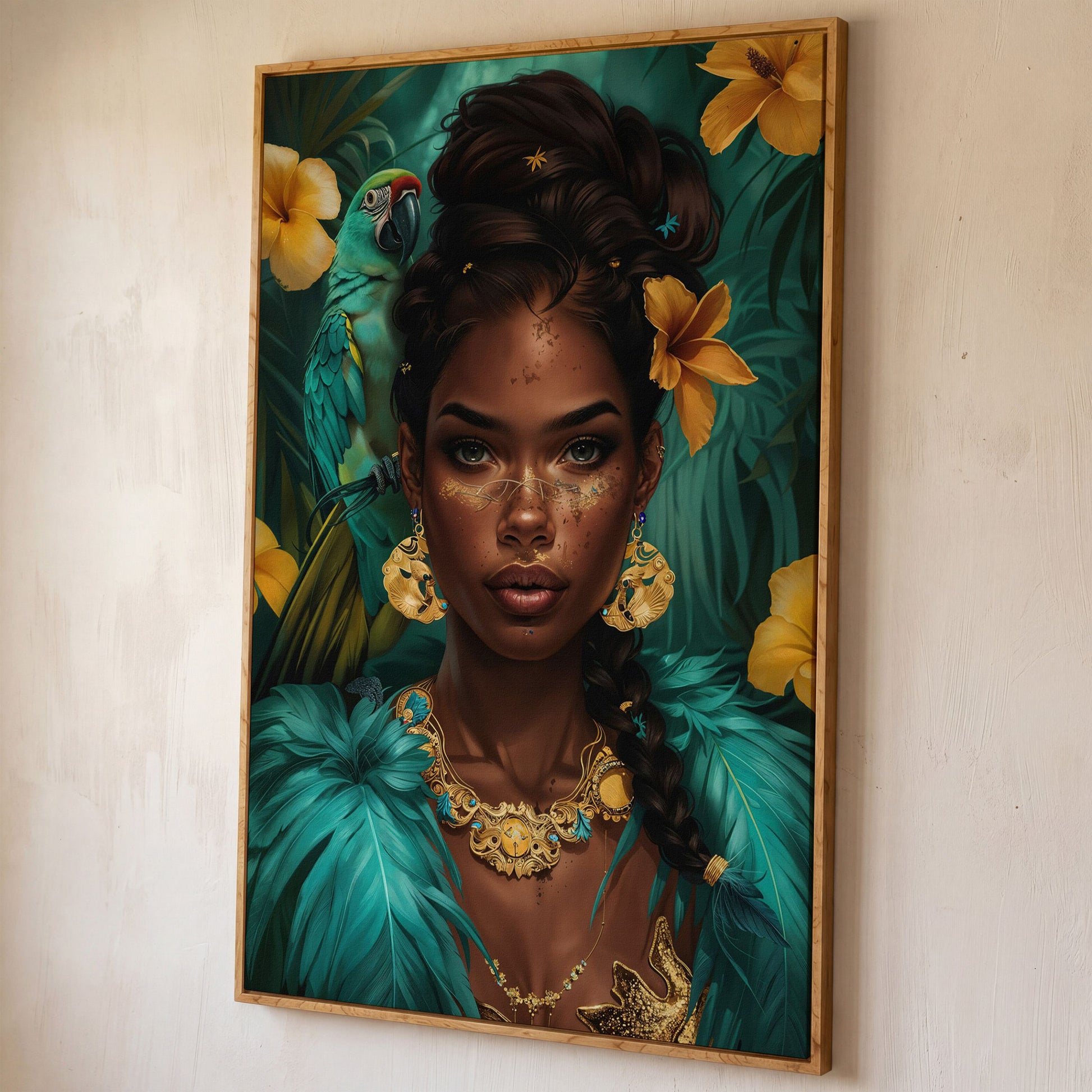 African Woman with Green Parrot, Tropical Floral Portrait Canvas shown in white oak floating frame