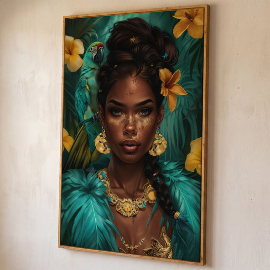 African Woman with Green Parrot, Tropical Floral Portrait Canvas shown in white oak floating frame
