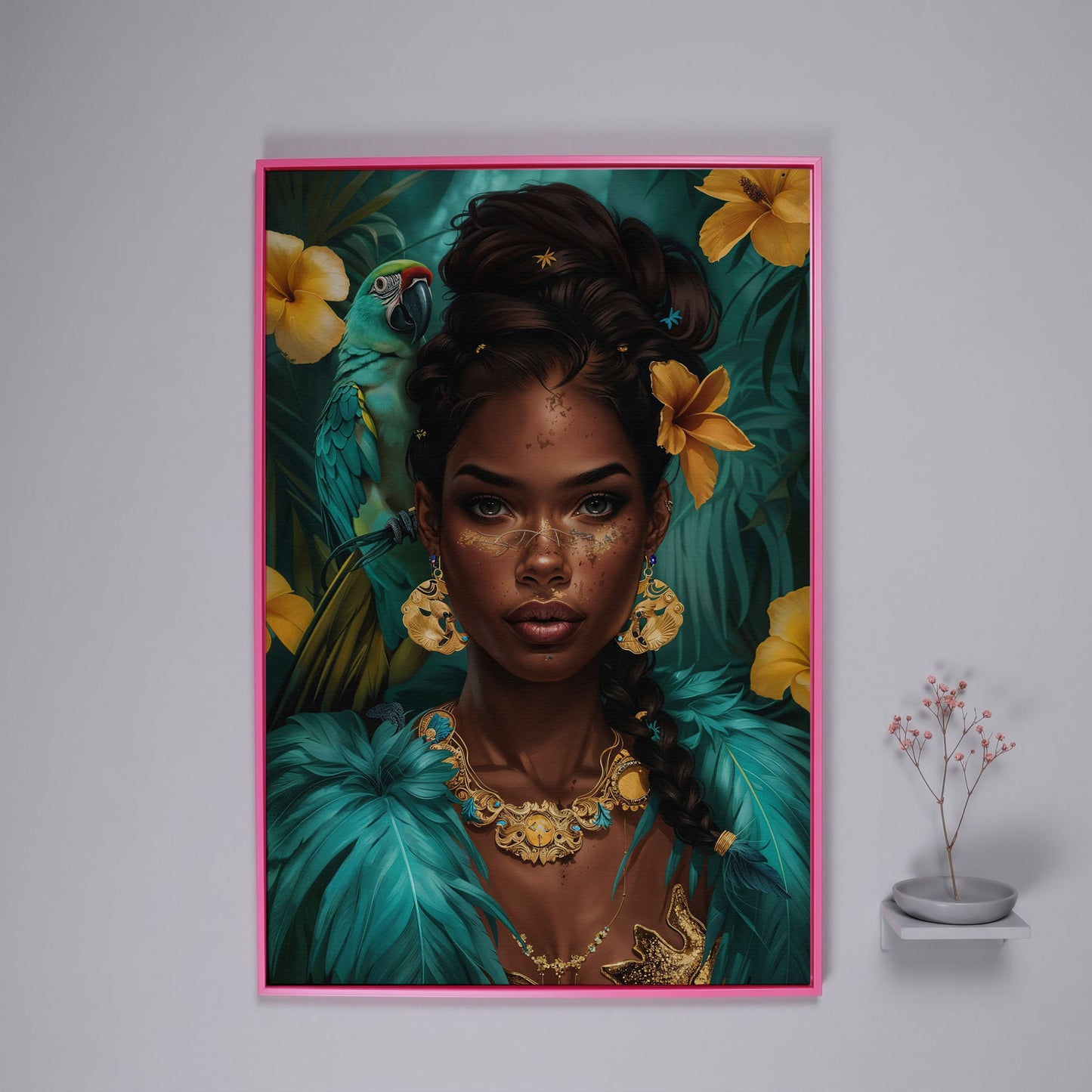 African Woman with Green Parrot, Tropical Floral Portrait Canvas in pink floating frame
