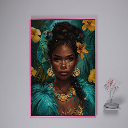 African Woman with Green Parrot, Tropical Floral Portrait Canvas in pink floating frame
