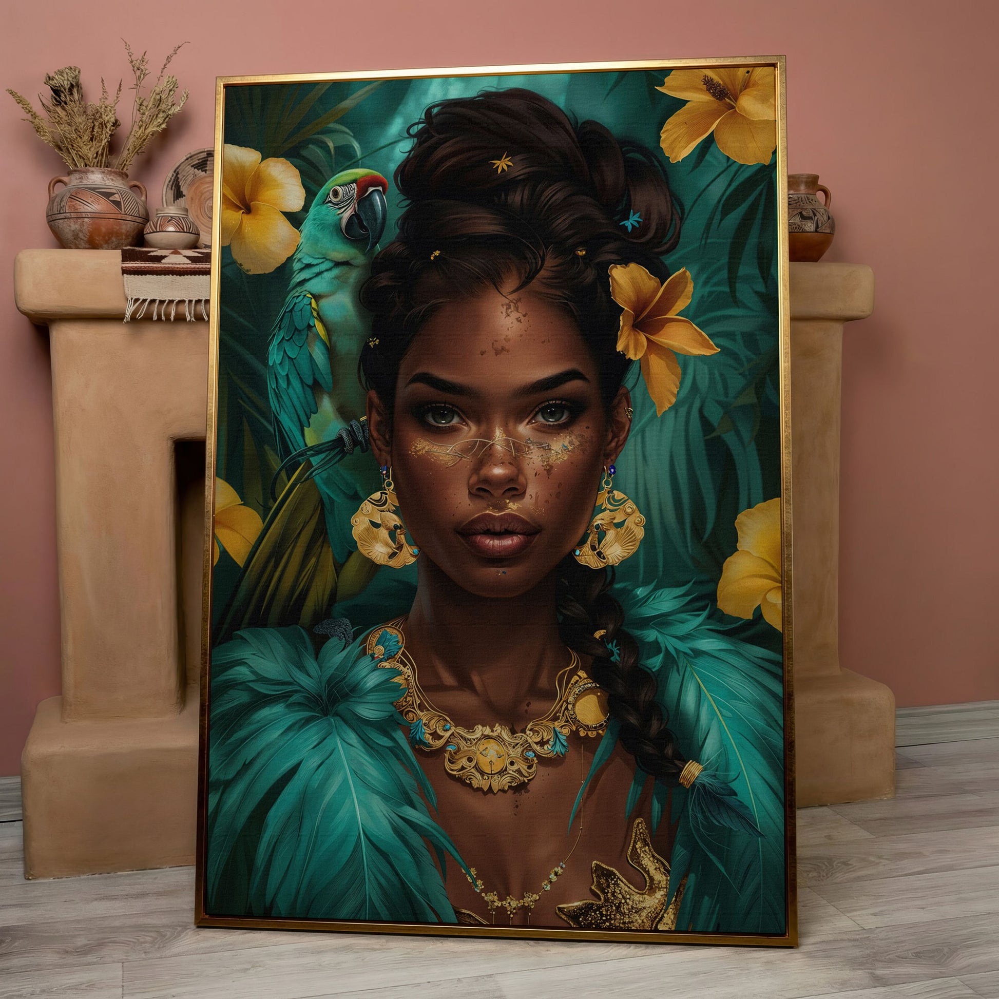 African Woman with Green Parrot, Tropical Floral Portrait Canvas in rose gold floating frame