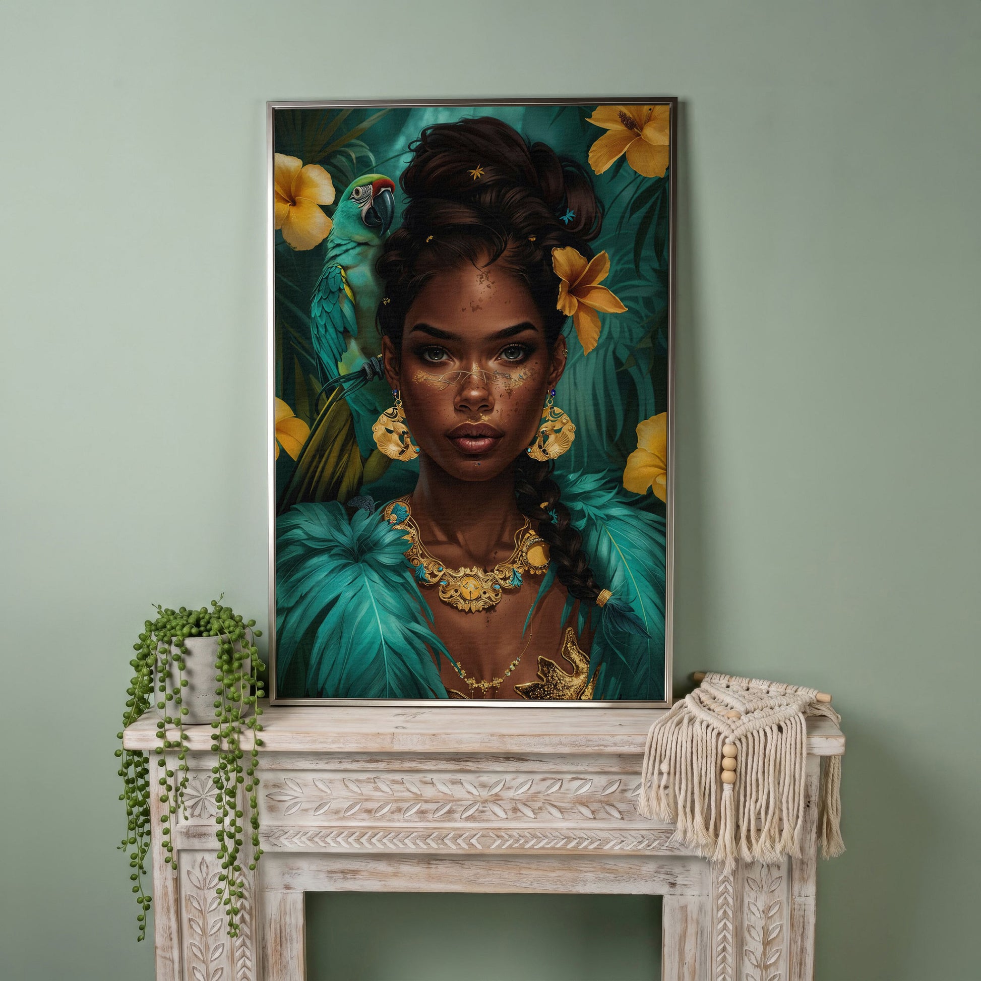 African Woman with Green Parrot, Tropical Floral Portrait Canvas in silver floating frame