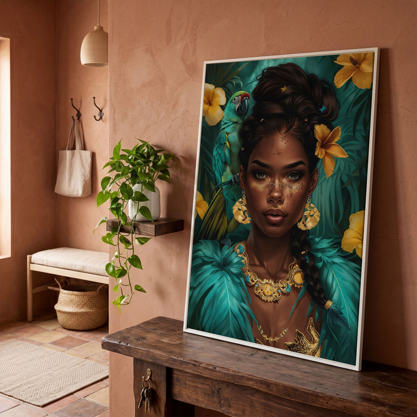 African Woman with Green Parrot, Tropical Floral Portrait Canvas in white floating frame