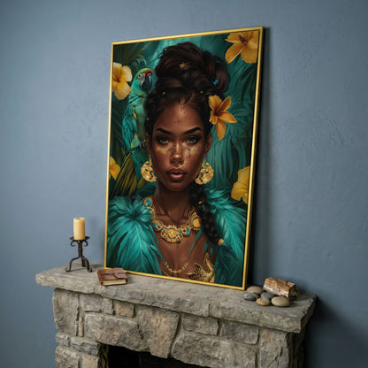 African Woman with Green Parrot, Tropical Floral Portrait Canvas in yellow gold floating frame