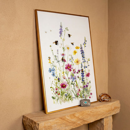 Wildflowers and Bumble Bees Canvas Print in antique gold floating frame