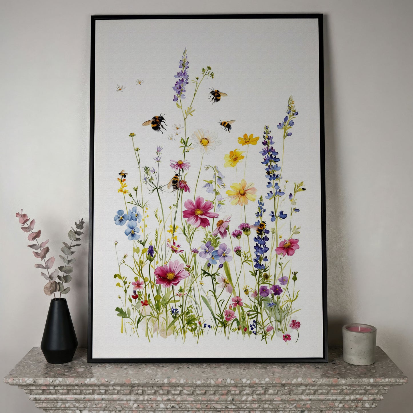 Wildflowers and Bumble Bees Canvas Print in black floating frame