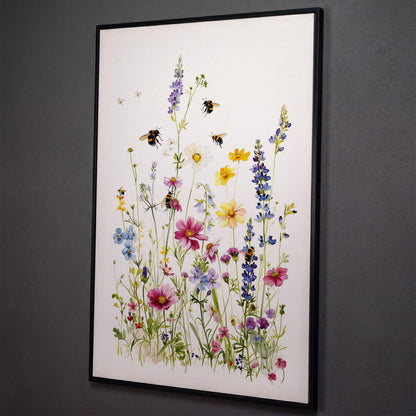 Wildflowers and Bumble Bees Canvas Print shown in black floating frame