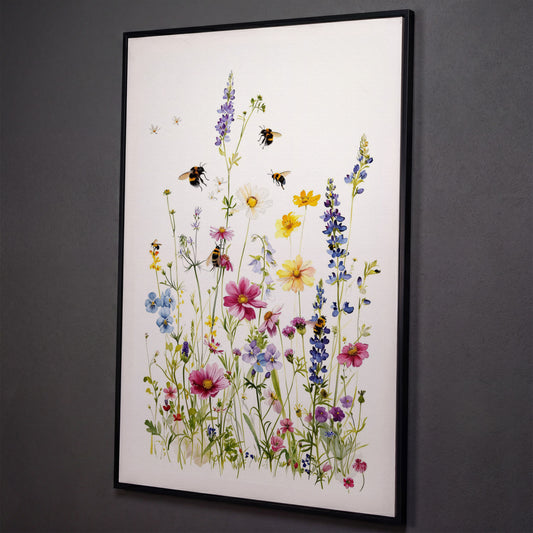 Wildflowers and Bumble Bees Canvas Print shown in black floating frame