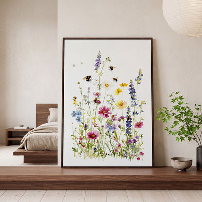 Wildflowers and Bumble Bees Canvas Print in dark walnut floating frame