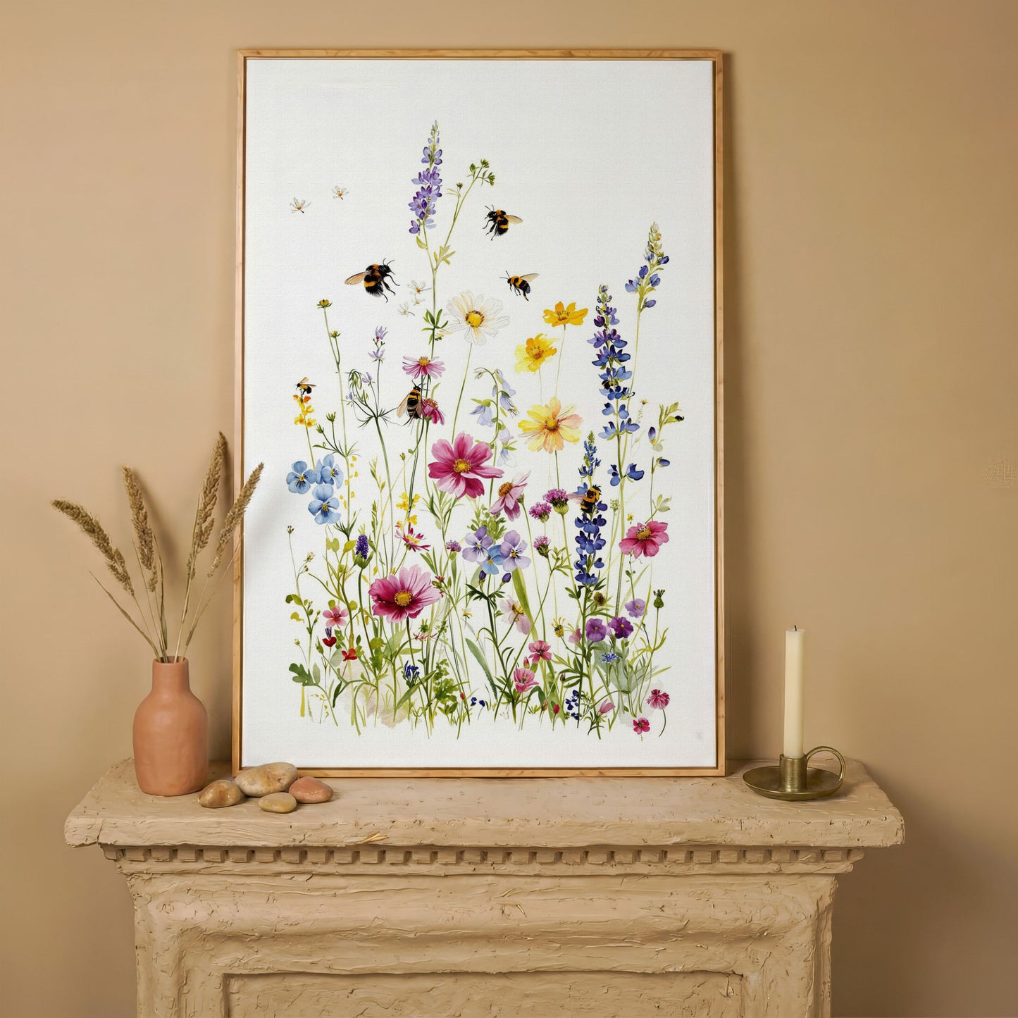 Wildflowers and Bumble Bees Canvas Print in white oak floating frame