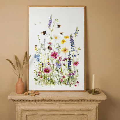 Wildflowers and Bumble Bees Canvas Print in white oak floating frame