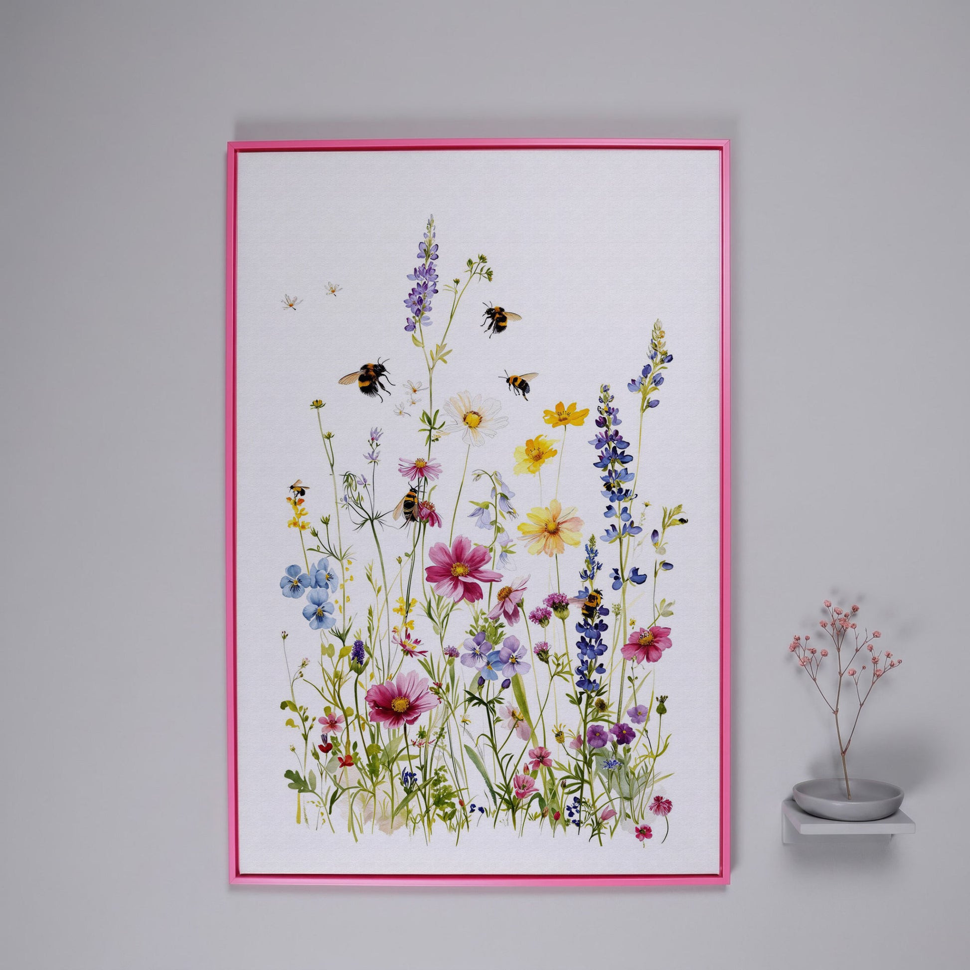 Wildflowers and Bumble Bees Canvas Print in pink floating frame