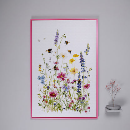 Wildflowers and Bumble Bees Canvas Print in pink floating frame