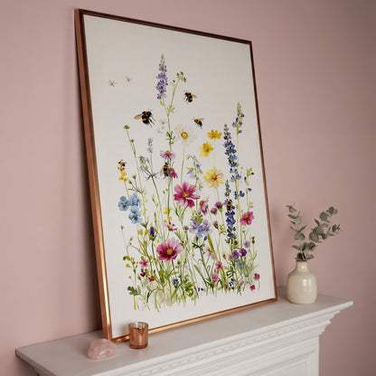 Wildflowers and Bumble Bees Canvas Print in rose gold floating frame