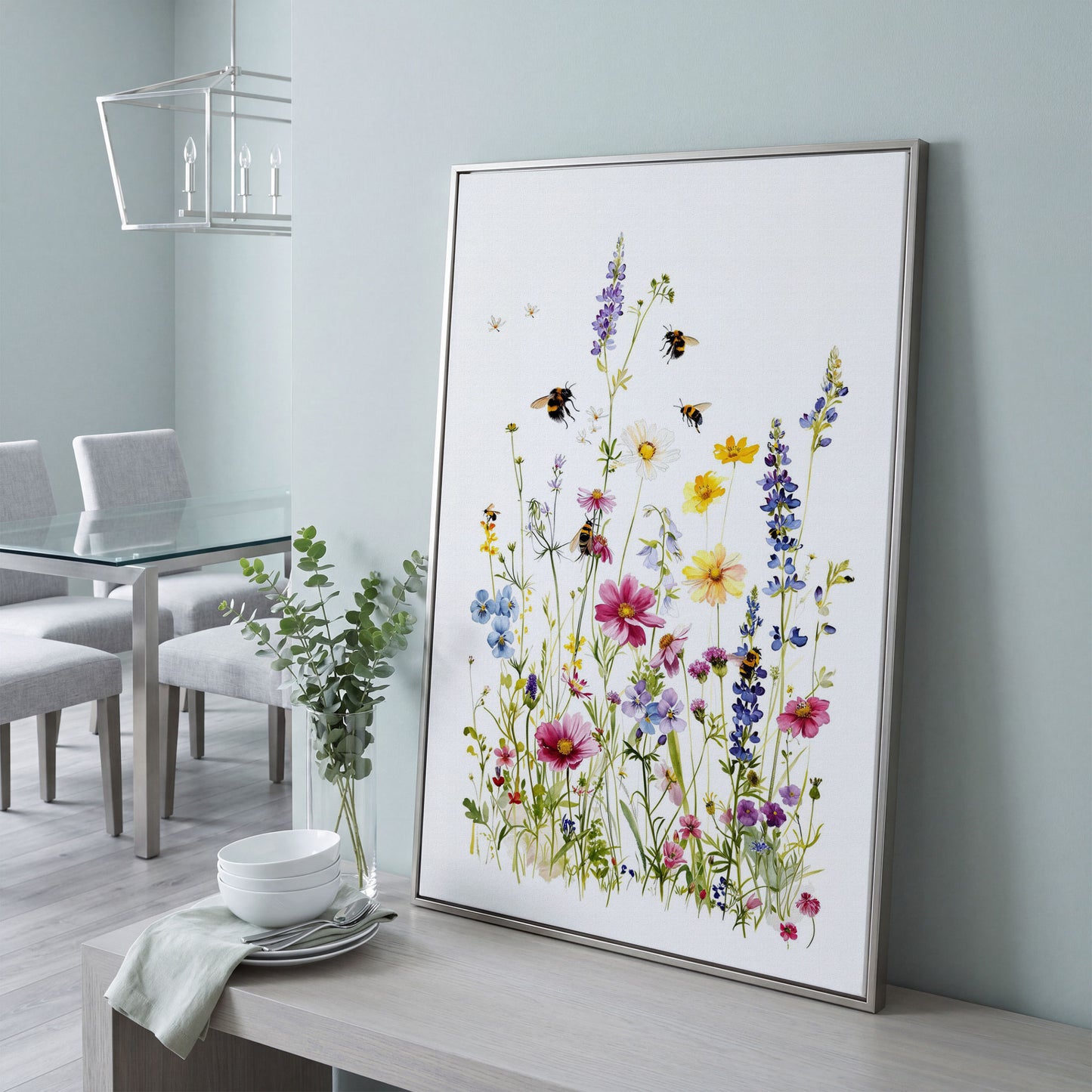 Wildflowers and Bumble Bees Canvas Print in silver floating frame
