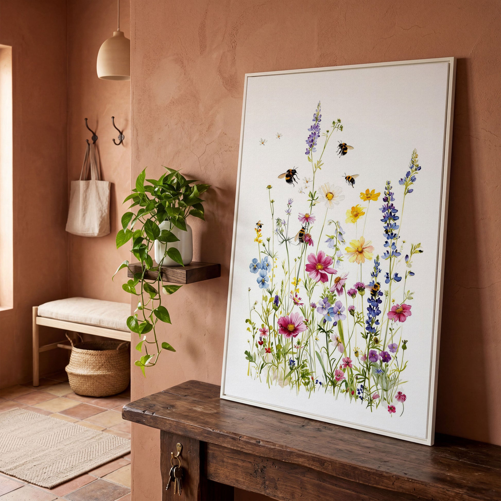 Wildflowers and Bumble Bees Canvas Print in white floating frame
