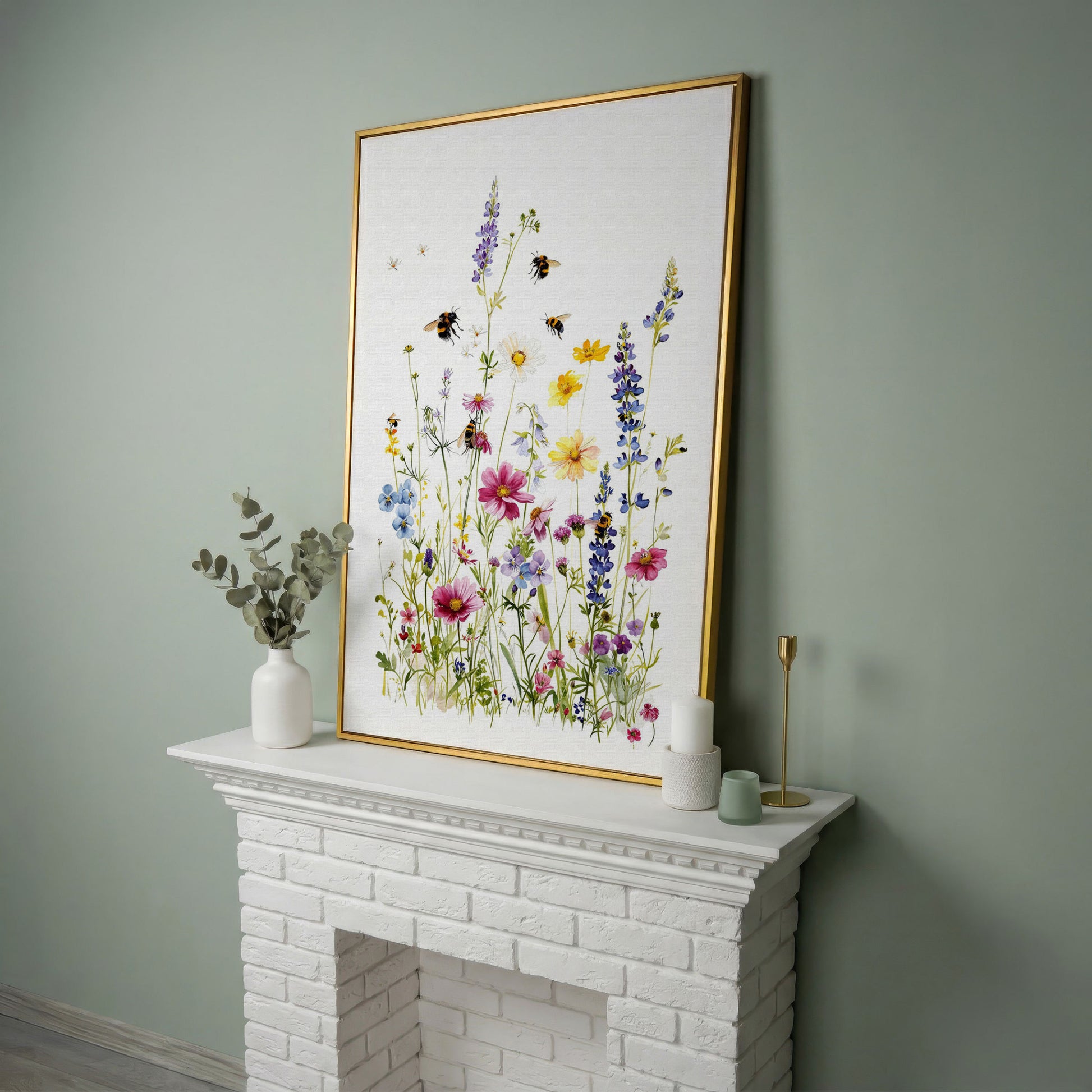 Wildflowers and Bumble Bees Canvas Print in yellow gold floating frame