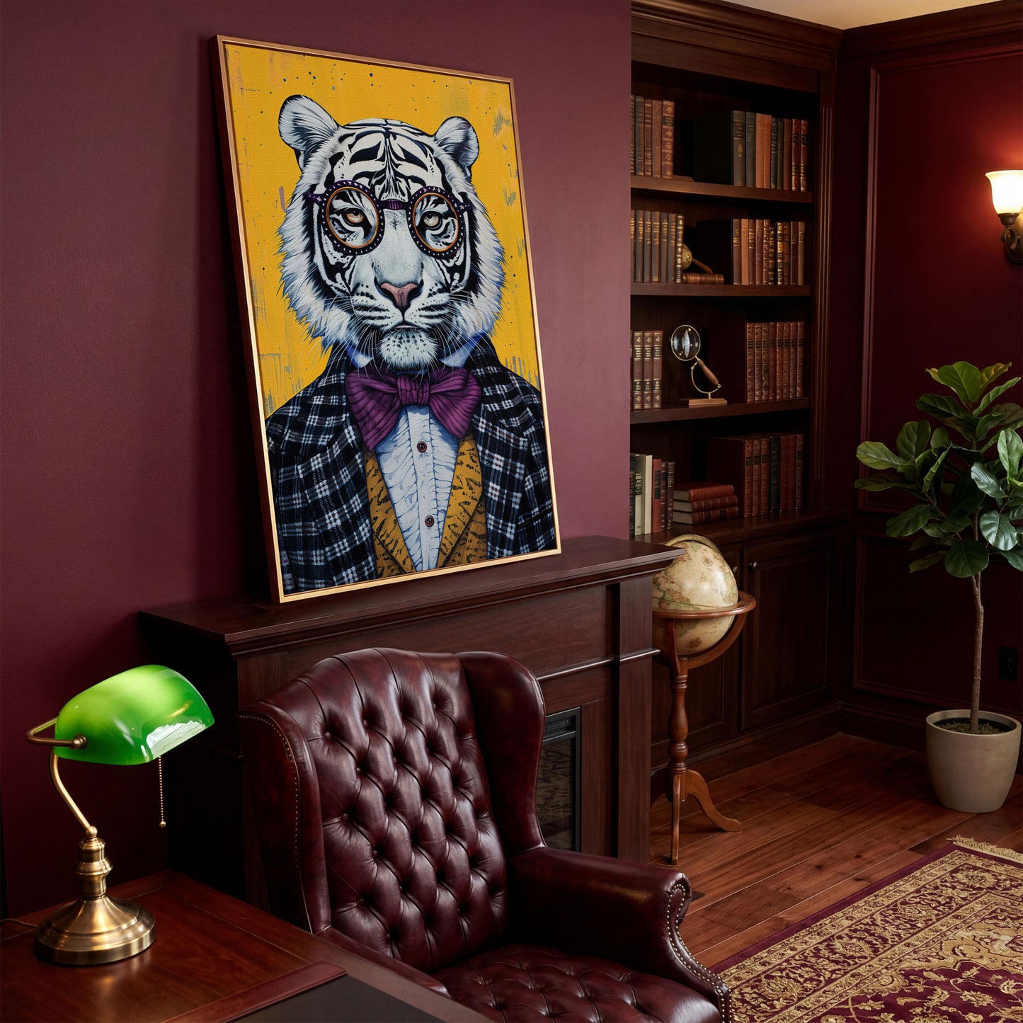 White Tiger in a Suit Canvas Art. Dapper Animal Portrait in antique gold floating frame