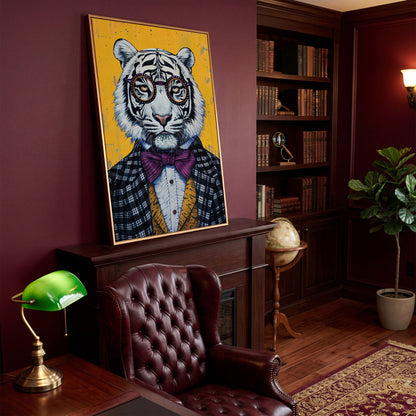 White Tiger in a Suit Canvas Art. Dapper Animal Portrait in antique gold floating frame