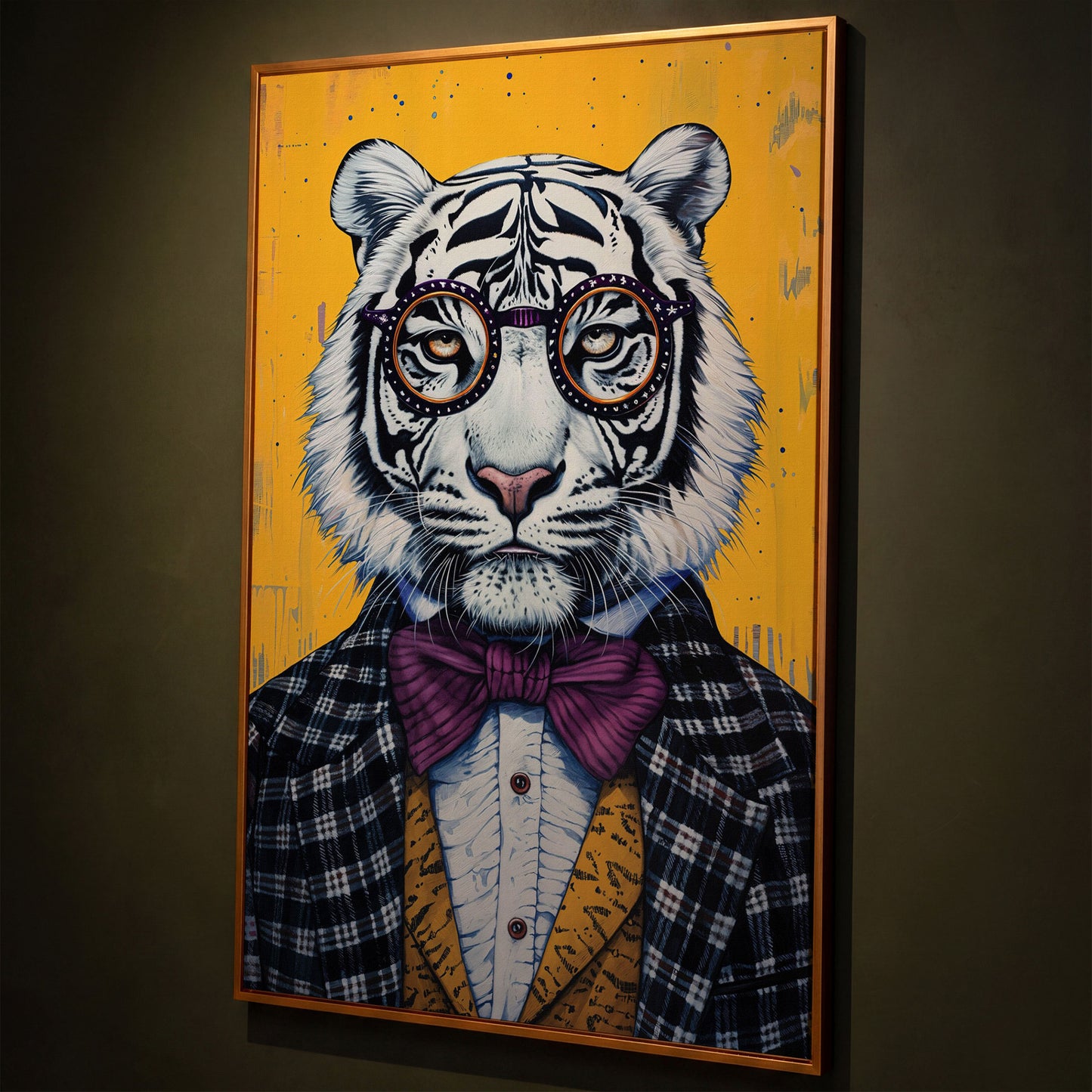 White Tiger in a Suit Canvas Art. Dapper Animal Portrait shown in antique gold floating frame