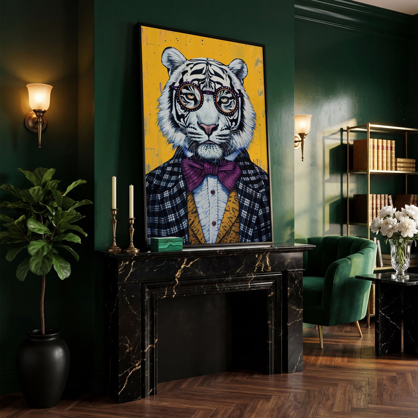 White Tiger in a Suit Canvas Art. Dapper Animal Portrait in black floating frame