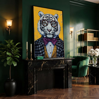 White Tiger in a Suit Canvas Art. Dapper Animal Portrait in black floating frame