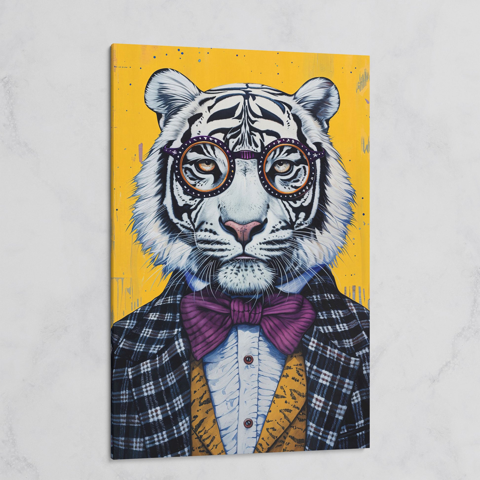 White Tiger in a Suit Canvas Art. Dapper Animal Portrait on gallery wrap