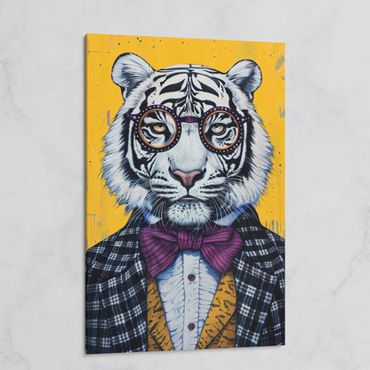 White Tiger in a Suit Canvas Art. Dapper Animal Portrait on gallery wrap