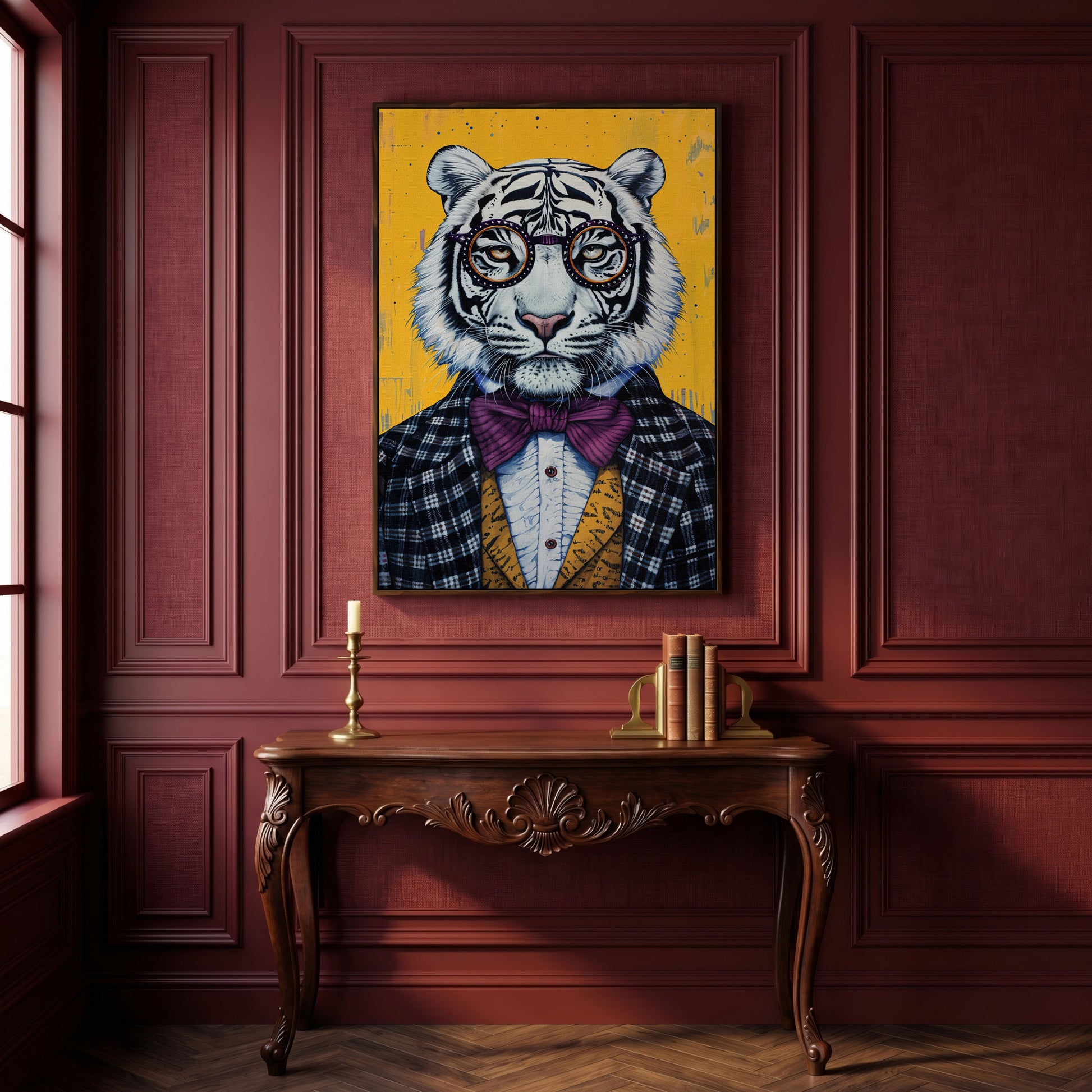 White Tiger in a Suit Canvas Art. Dapper Animal Portrait in dark walnut floating frame