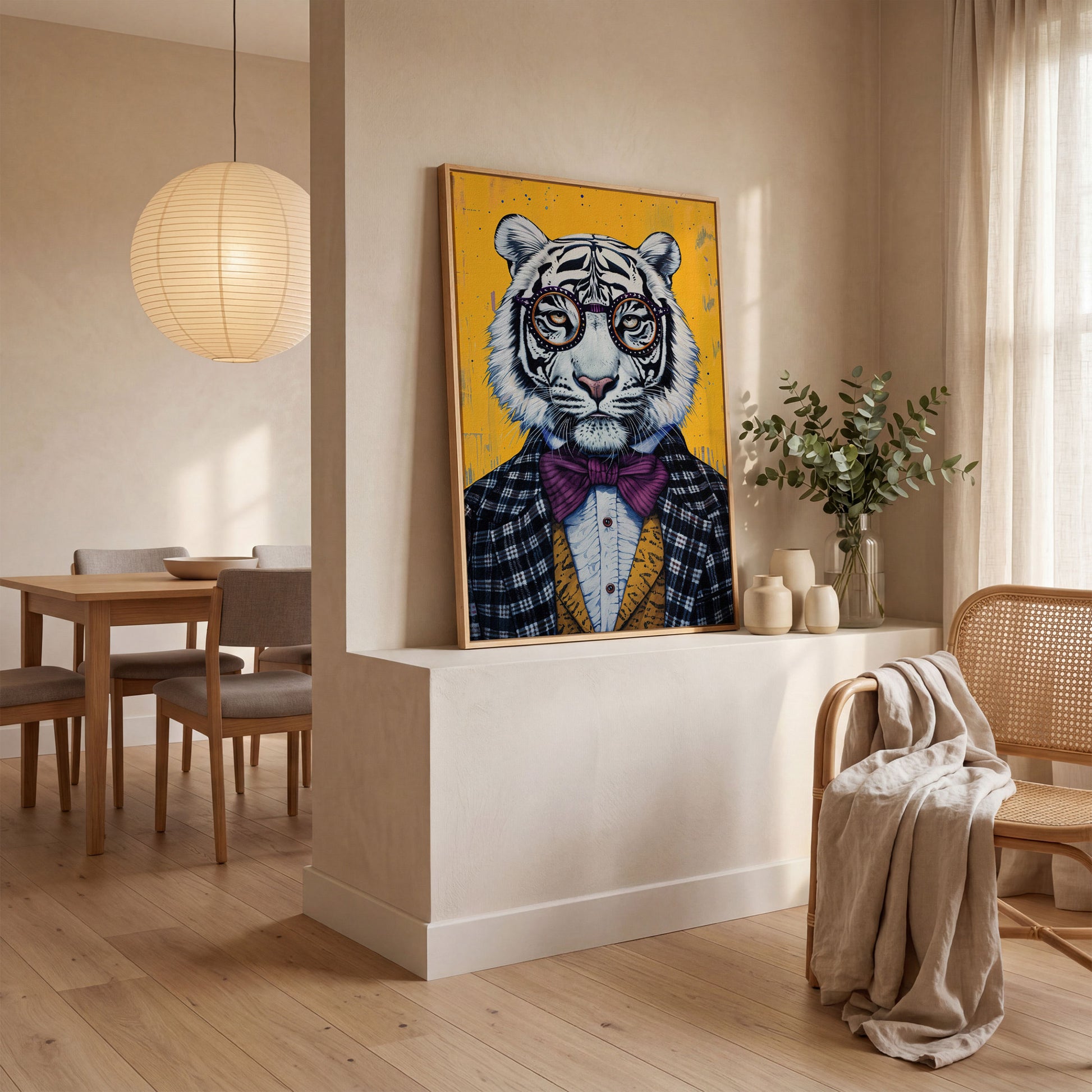 White Tiger in a Suit Canvas Art. Dapper Animal Portrait in white oak floating frame