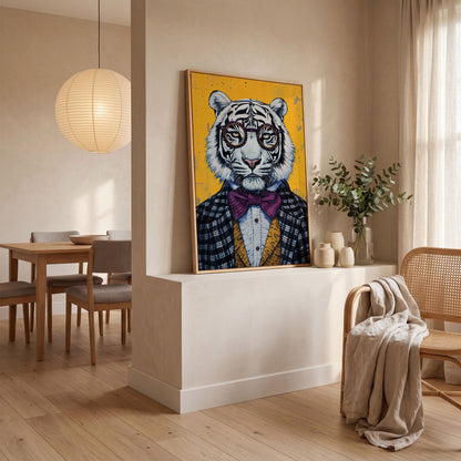 White Tiger in a Suit Canvas Art. Dapper Animal Portrait in white oak floating frame