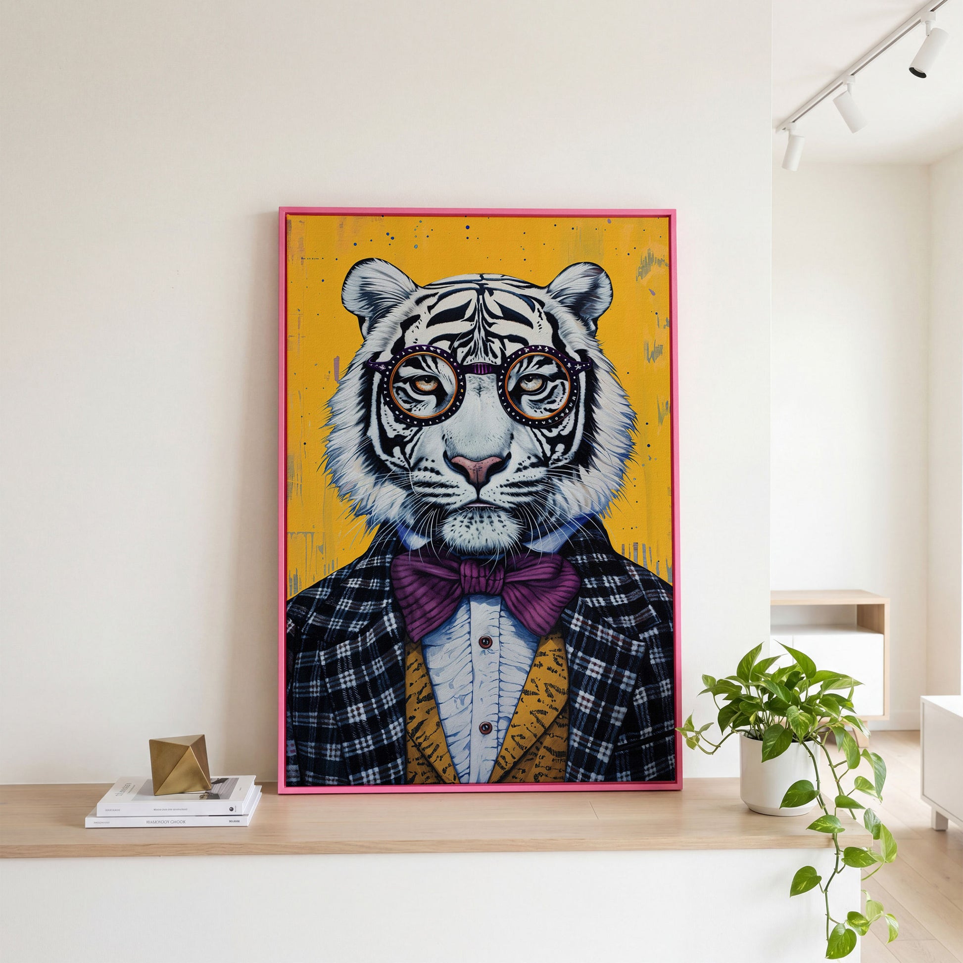 White Tiger in a Suit Canvas Art. Dapper Animal Portrait in pink floating frame
