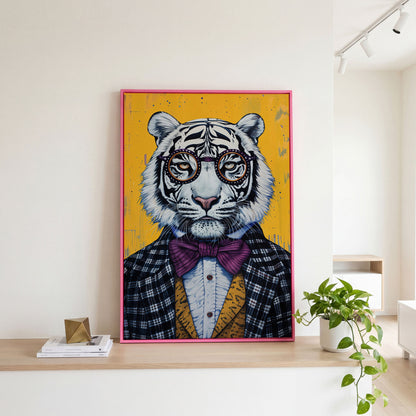 White Tiger in a Suit Canvas Art. Dapper Animal Portrait in pink floating frame