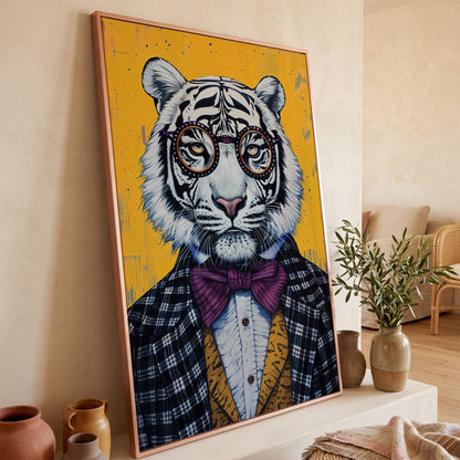 White Tiger in a Suit Canvas Art. Dapper Animal Portrait in rose gold floating frame