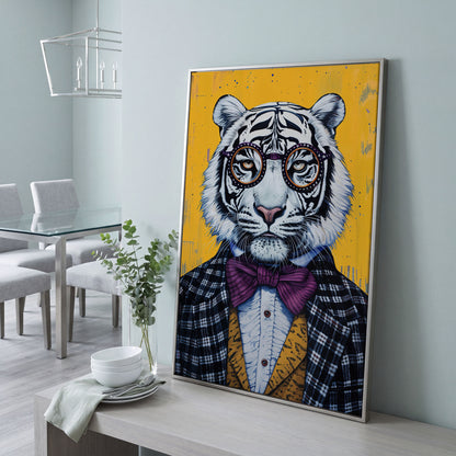 White Tiger in a Suit Canvas Art. Dapper Animal Portrait in silver floating frame