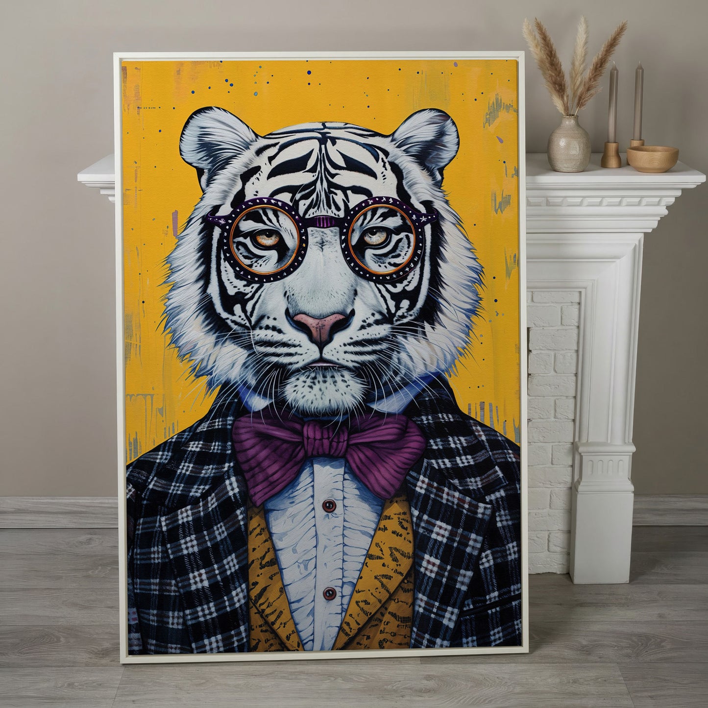 White Tiger in a Suit Canvas Art. Dapper Animal Portrait in white floating frame