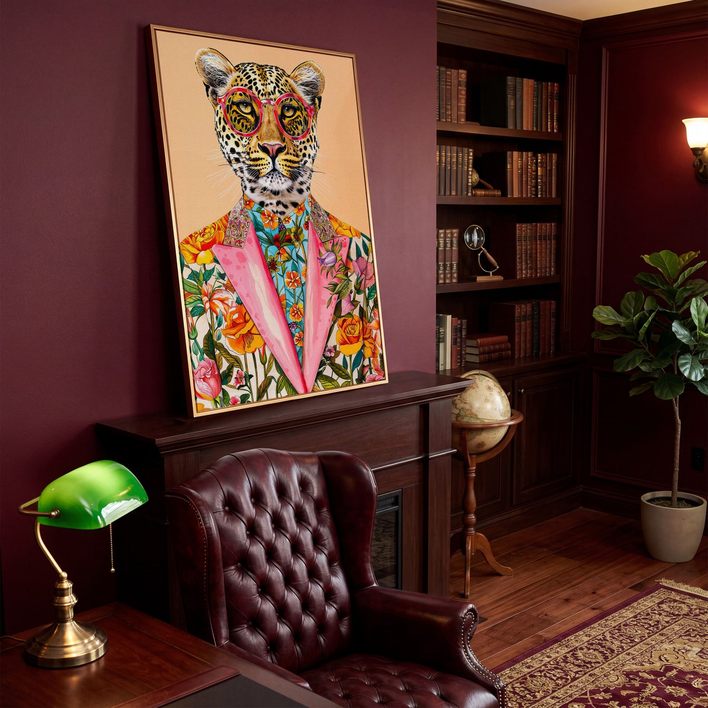 Leopard in Floral Suit Canvas Print in antique gold floating frame