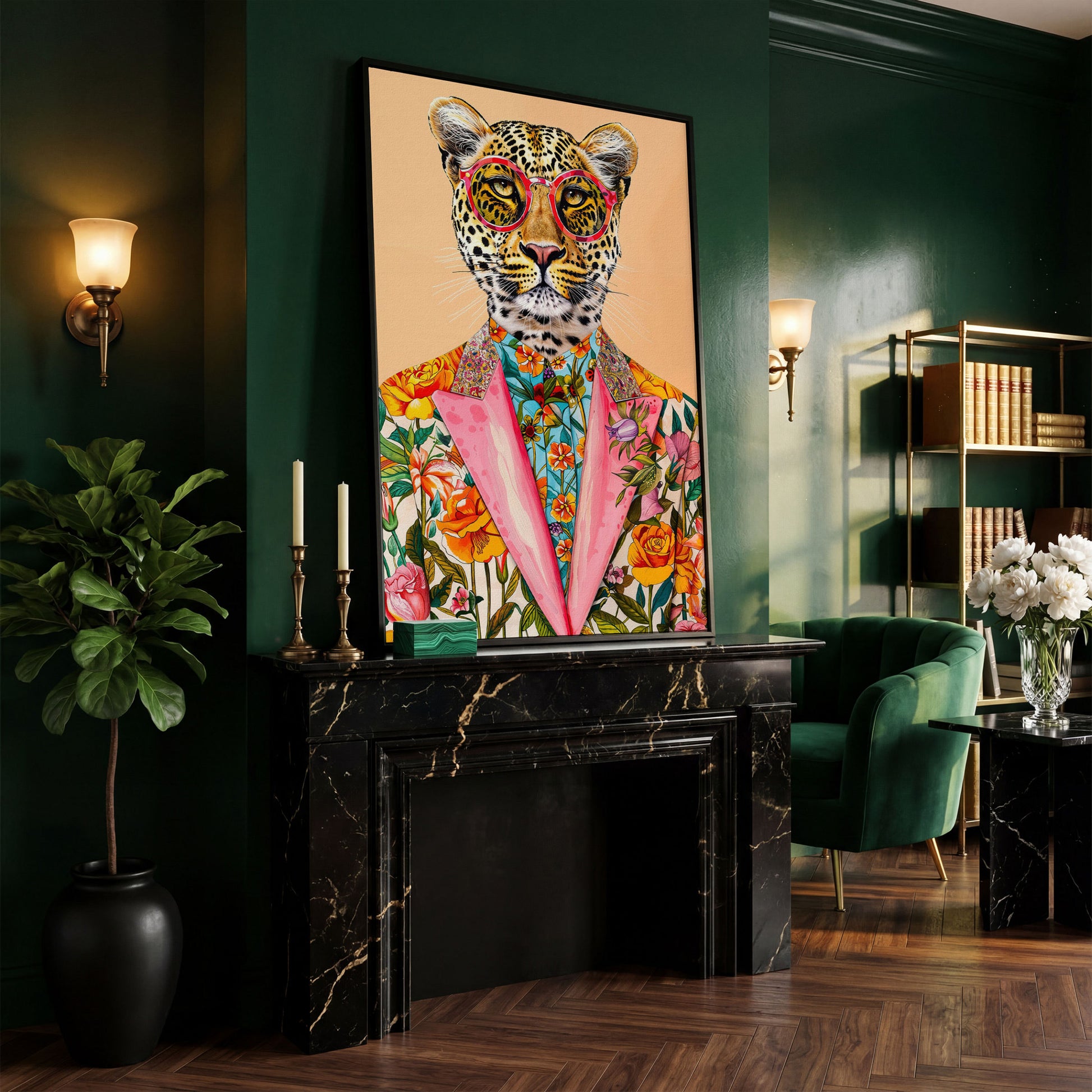 Leopard in Floral Suit Canvas Print in black floating frame