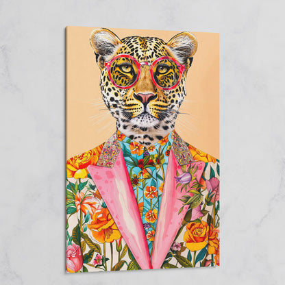 Leopard in Floral Suit Canvas Print on gallery wrap