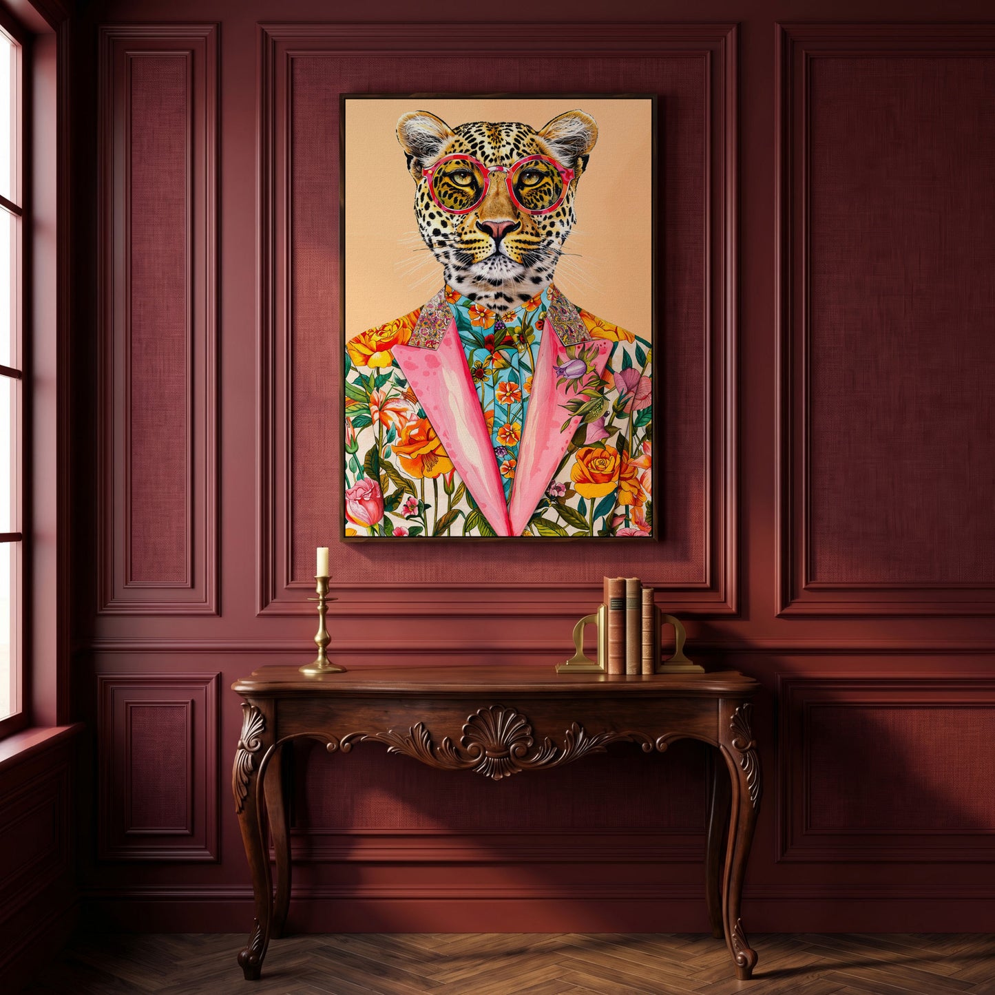 Leopard in Floral Suit Canvas Print in dark walnut floating frame
