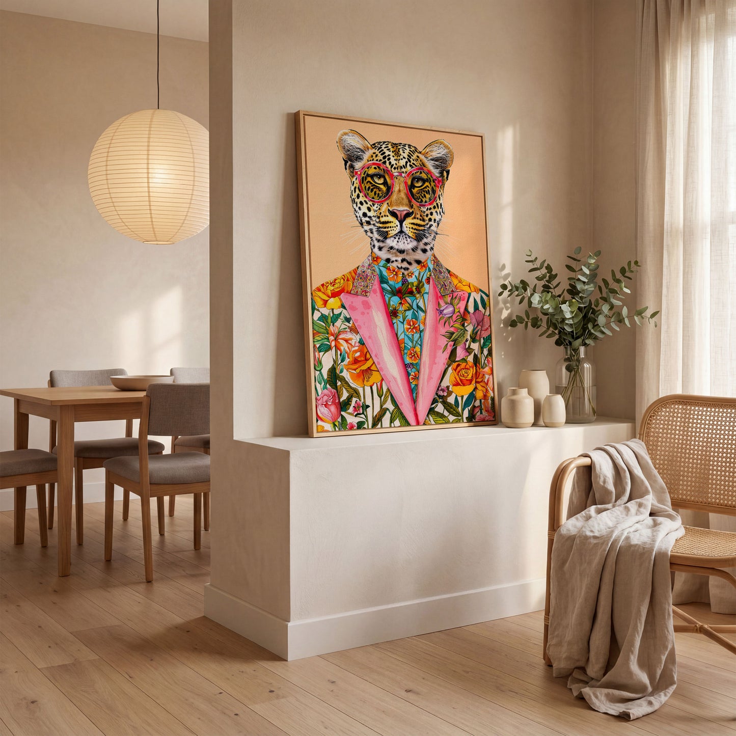 Leopard in Floral Suit Canvas Print in white oak floating frame