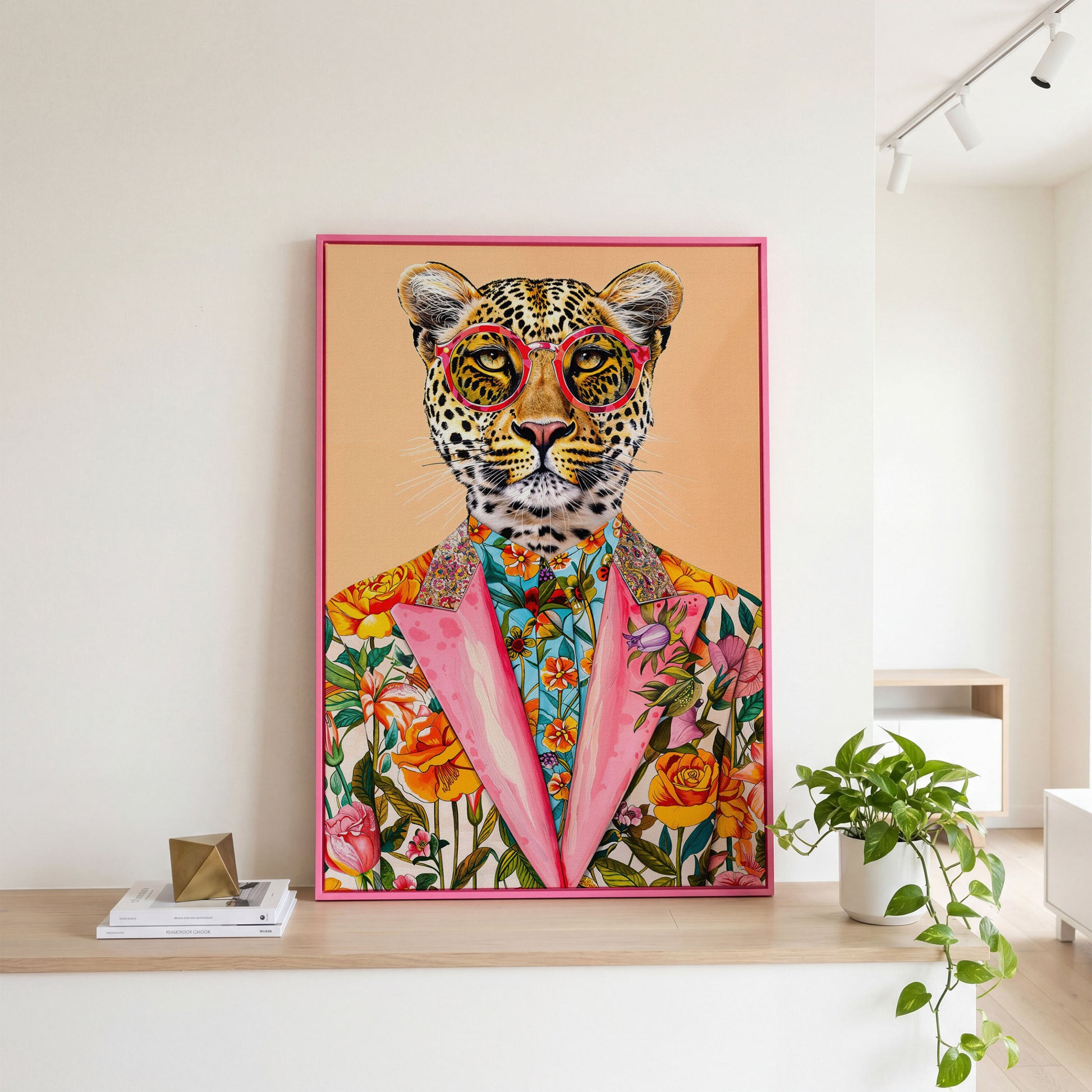 Leopard in Floral Suit Canvas Print in pink floating frame