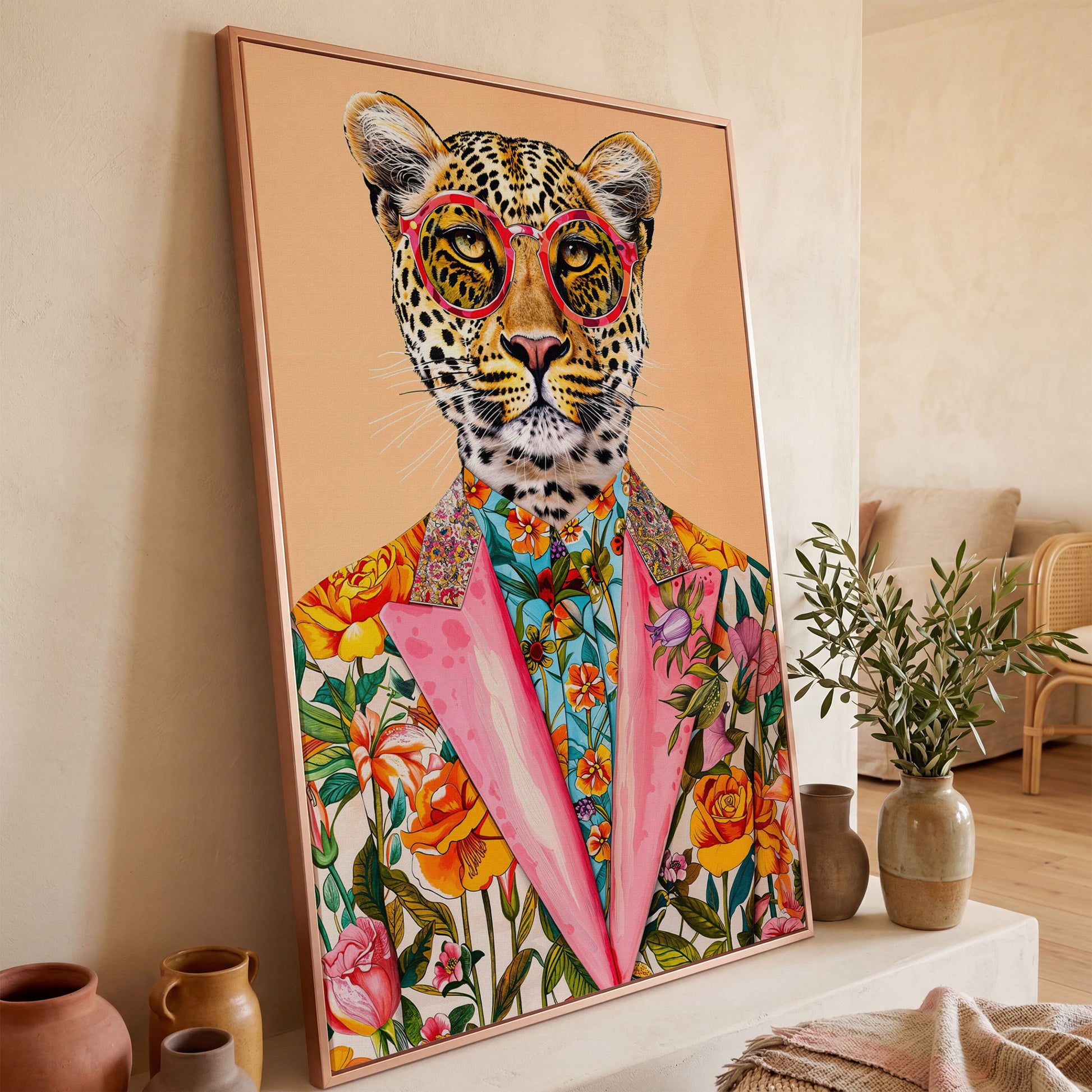 Leopard in Floral Suit Canvas Print in rose gold floating frame
