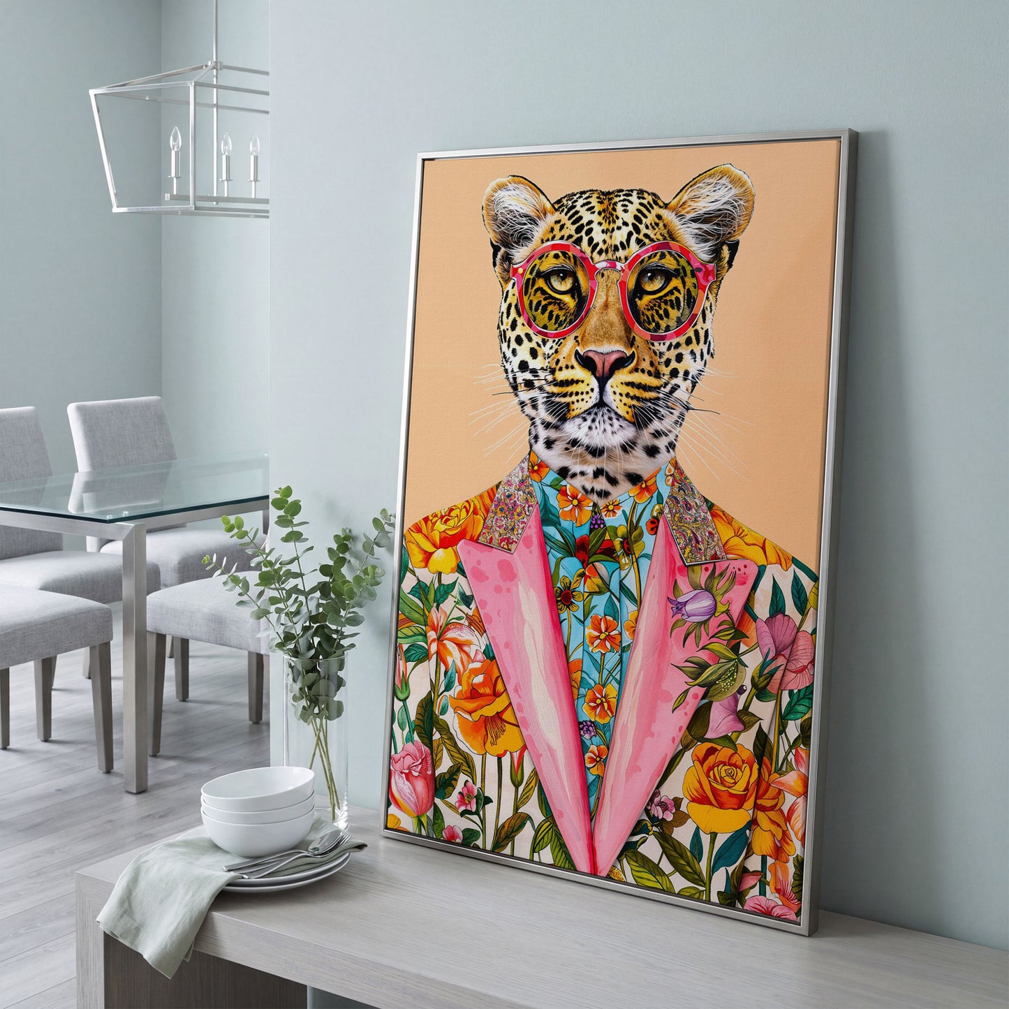 Leopard in Floral Suit Canvas Print in silver floating frame