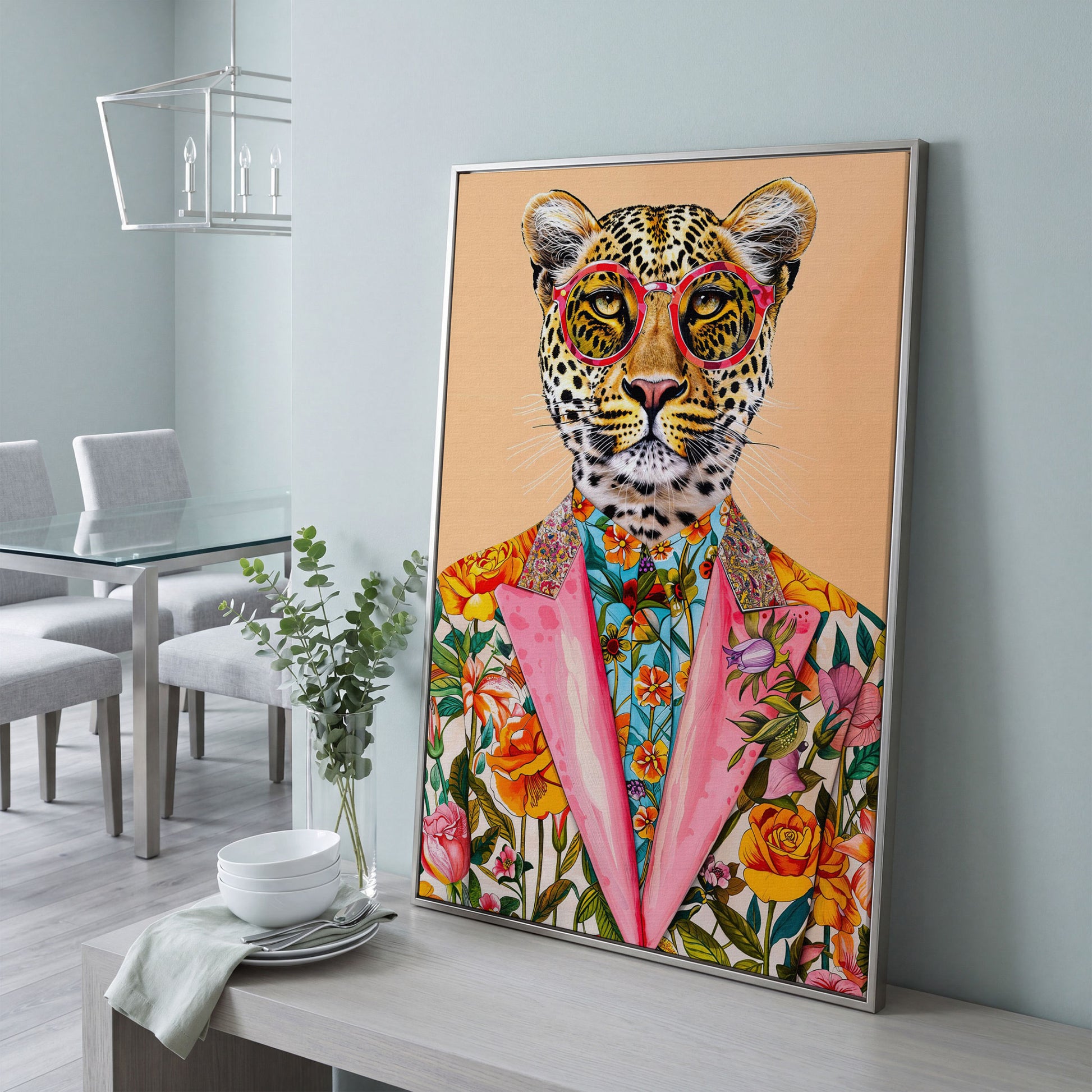 Leopard in Floral Suit Canvas Print in silver floating frame