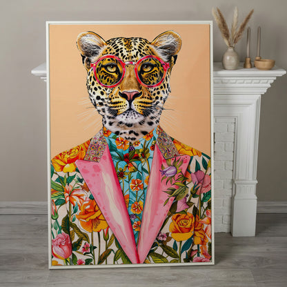 Leopard in Floral Suit Canvas Print in white floating frame