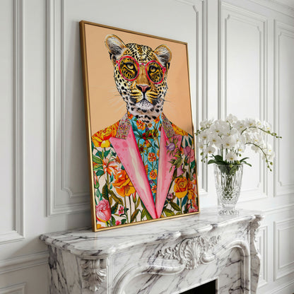 Leopard in Floral Suit Canvas Print in yellow gold floating frame