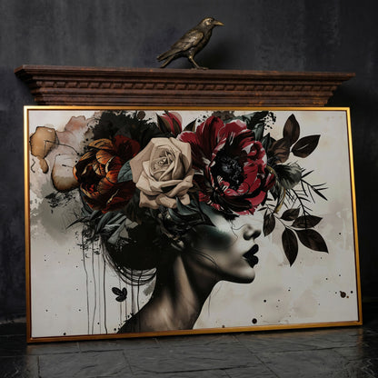 Floral Headdress Woman Portrait Canvas, Dark Botanical Wall Art in antique gold floating frame