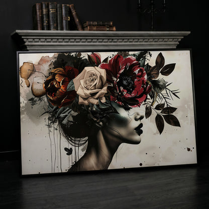 Floral Headdress Woman Portrait Canvas, Dark Botanical Wall Art in black floating frame